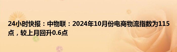 24小时快报：中物联：2024年10月份电商物流指数为115点，较上月回升0.6点