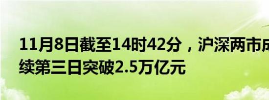 11月8日截至14时42分，沪深两市成交额连续第三日突破2.5万亿元