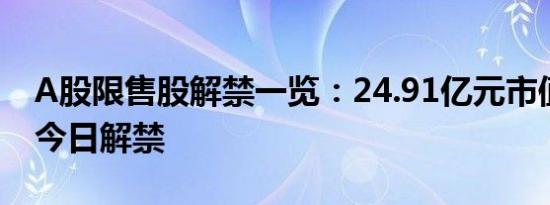 A股限售股解禁一览：24.91亿元市值限售股今日解禁