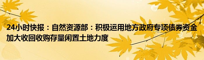 24小时快报：自然资源部：积极运用地方政府专项债券资金加大收回收购存量闲置土地力度