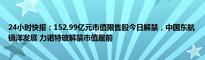 24小时快报：152.99亿元市值限售股今日解禁，中国东航 镇洋发展 力诺特玻解禁市值居前